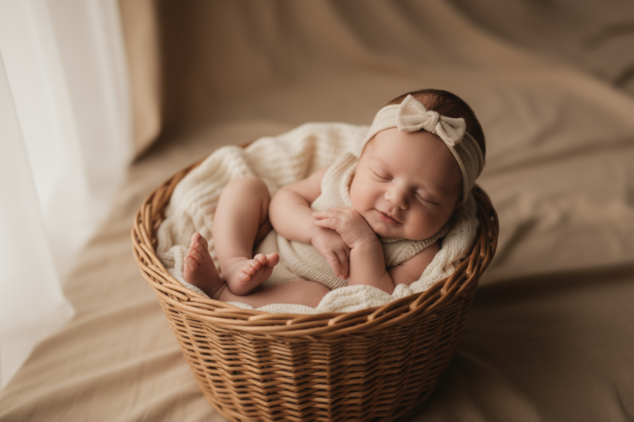 une image avec un bébé fille pieds nus et un fond beige dans un panier en osier